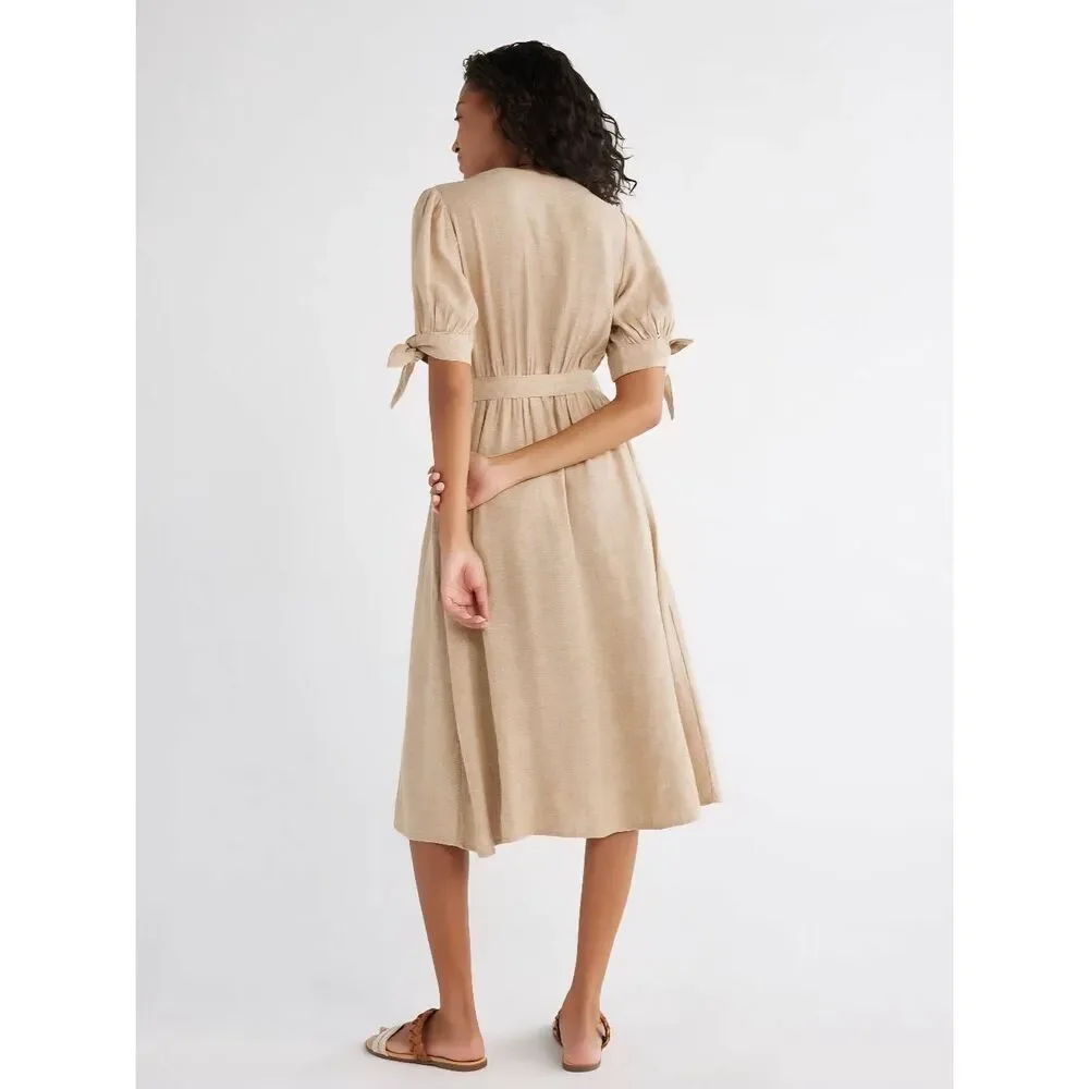 NWT Time and Tru Plus Size XXXL V-Neck Puff Sleeve Linen Blend Midi Dress